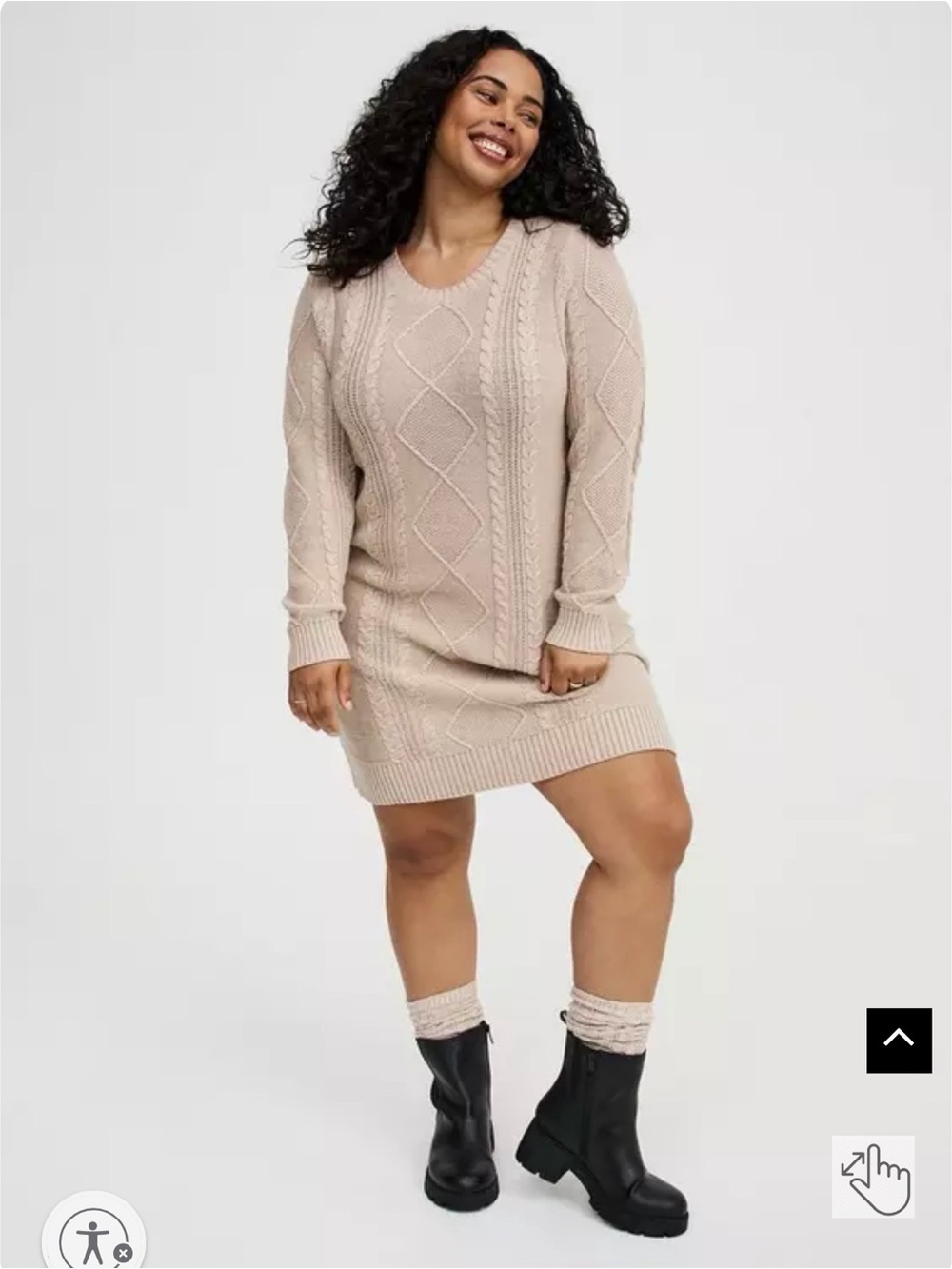 Cable Knit Sweater Dress in Beige with Tie Back